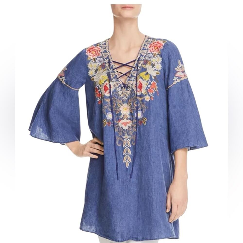 Johnny Was Kitti Embroidered Blue Linen Lace Up Tunic Top Blouse size medium
